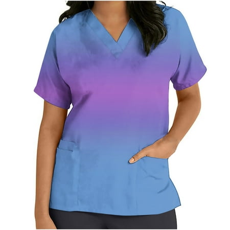 

Mchoice Women s Nursing Scrub Tops Short Sleeve V-neck Working Uniform Gradient Solid Tops Blouse with Pockets on Clearance