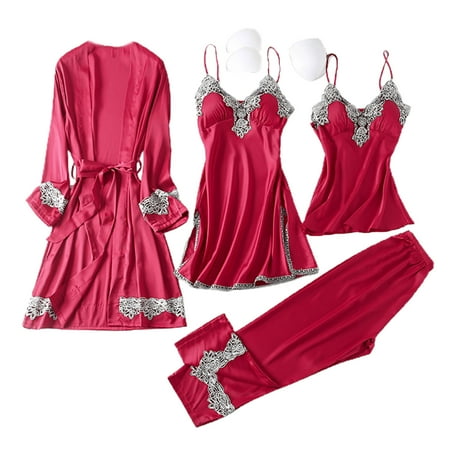 TIERPOP Women Silky 4Pcs Pajamas Set Cami Top Pants Dress Robe Lace Chest Pads Sleepwear
TIERPOP Women Silky 4Pcs Pajamas Set Cami Top Pants Dress Robe Lace Chest Pads Sleepwear