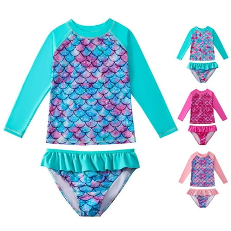 

Maxcozy Baby Toddler Girls Mermaid Fish Rash Guard 2-Piece Swimsuit Set - Long Sleeve Bikini with UPF 50+ Sun Protection 3-4 Years