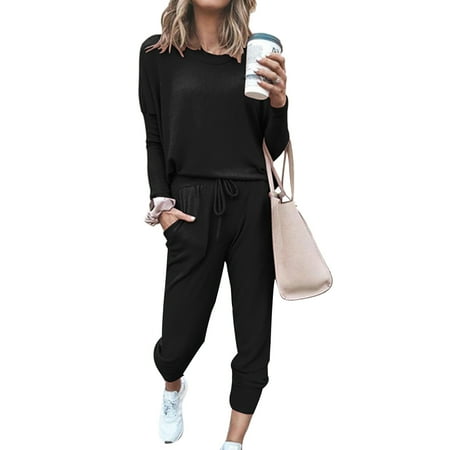 Women Comfy 2 Pieces Long Sleeve Lounge Sets Crewneck Tracksuits Pullover Sweatpants Soft Pajamas Set