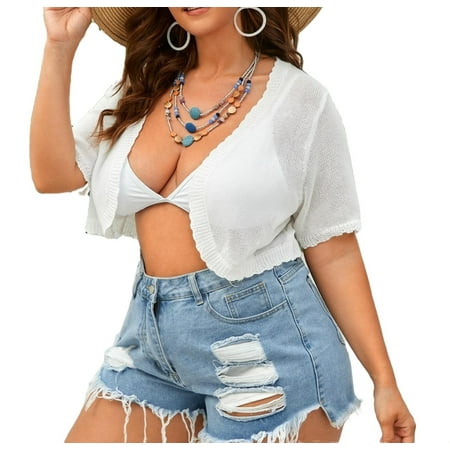 Women Plus Clothing Casual Plain White Plus Size Cardigans 0XL