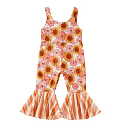 Toddler Girls Sleeveless Floral Printed Romper Bell Bottoms Jumpsuit Clothes