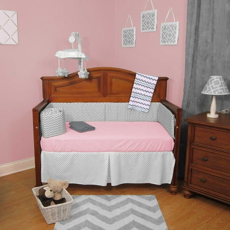 Chevron Zig Zag Pink and Gray with Dots 4 Piece Baby Crib Bedding Set - No Bumper