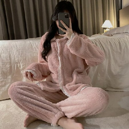 DanceeMangoo Women Winter Thicken Style Warm Pajamas Set Button Cardigan Sweater Velvet Pyjamas for Woman Fashion Warm Sleepwear Set Homewear