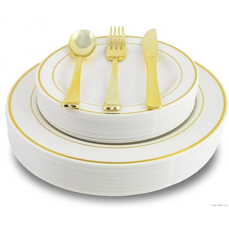 200 Piece Heavyweight Party Disposable Plastic Plates And Cutlery Set Includes 40 Dinner Plates 40 Dessert Plates And 40 Pieces Of Glossy Silver Plastic Forks Knives And Spoons (White/Gold)
200 Piece Heavyweight Party Disposable Plastic Plates And Cutlery Set Includes 40 Dinner Plates 40 Dessert Plates And 40 Pieces Of Glossy Silver Plastic Forks Knives And Spoons (White/Gold)