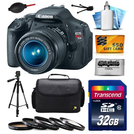 Canon EOS Rebel T3i Digital SLR Camera with EF-S 18-55mm f\/3.5-5.6 IS Lens 32GB Memory, Large Case, Tripod, 5 Piece UV-CPL-FL-ND4-10x Filters, Dust Blower, Cleaning Kit, $50 Gift Card 5169B003