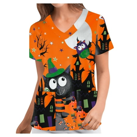 Women Short Sleeve V-neck Scrub Tops Pumpkin Print Medical Scrub Shirts Working Uniform Blouse with Pockets
Women Short Sleeve V-neck Scrub Tops Pumpkin Print Medical Scrub Shirts Working Uniform Blouse with Pockets