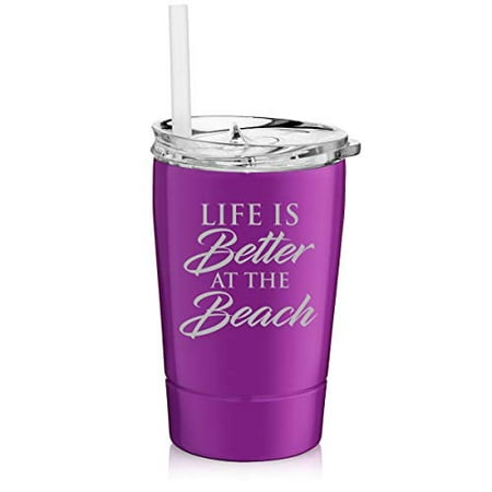 

12 oz Tumbler Double Wall Stainless Steel Vacuum Insulated Coffee Travel Mug With Straw Life Is Better At The Beach (Purple)