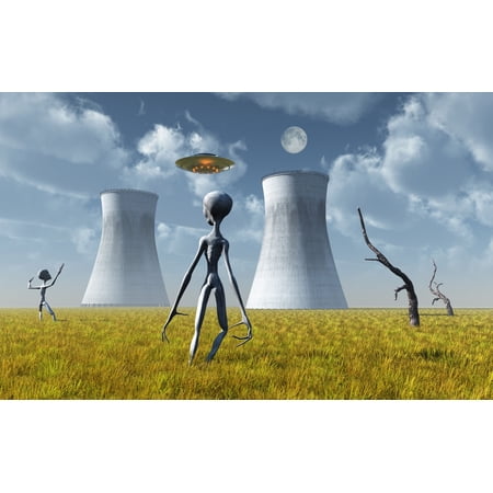 Alien and UFO activity at a nuclear power station Canvas Art - Mark StevensonStocktrek Images (18 x 12)