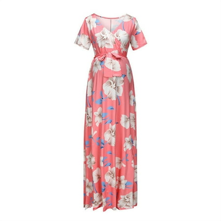 Women Pregnant Maternity Casual Maxi Dress V-neck Short Sleeve Super Long Loose Pregnant Woman Dresses with Floral Print Apricot 
Women Pregnant Maternity Casual Maxi Dress V-neck Short Sleeve Super Long Loose Pregnant Woman Dresses with Floral Print Apricot