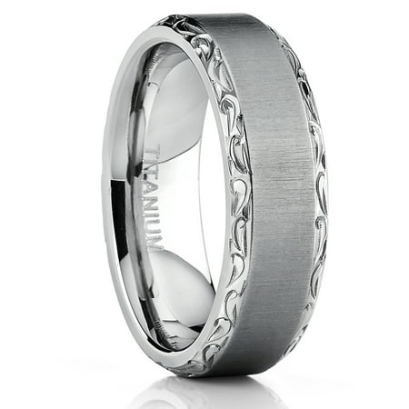 Men's Horizontal Brushed Titanium Wedding Band Ring With Hand Engraved High Polish Edges, 7mm