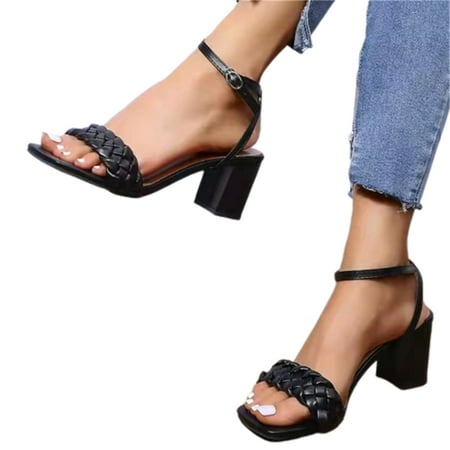 Women\ s Heeled Sandals Square Toe Knitted Braid Style Strappy Ankle Heels