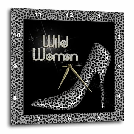3dRose Silver Cheetah Print Wild Woman Stiletto Pump and Bling - Wall Clock, 10 by 10-inch
