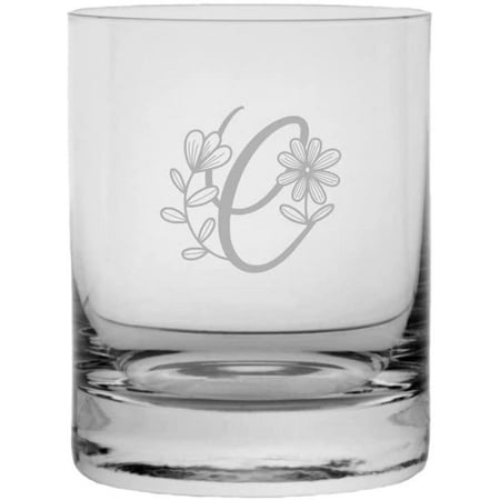 C Daishy Daisy Monogram Etched 11oz Crystal Rocks Whisky Glass