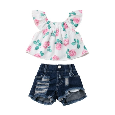 VIKING GLORY Toddler Kids Baby Girls Outfits Floral Off Shoulder Tops Denim Pants Shorts Sets