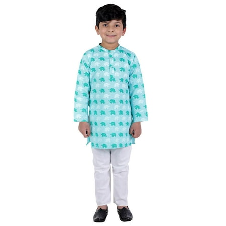 Ahhaaaa Kids Ethnic Cotton Elephant Print Kurta Pajama Set For Boys