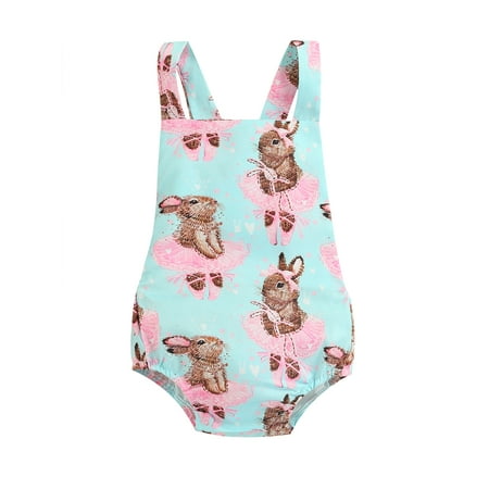 Suanret Newborn Infant Girls Easter Romper Cartoon Rabbit Printed Backless Strap Jumpsuit Clothes Blue 3-6 Months