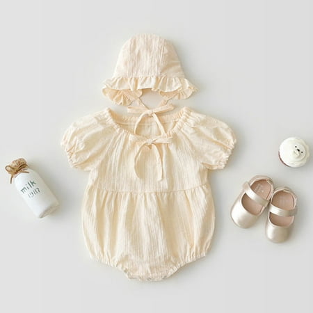 

DENGDENG Baby Girls Ruched Bodysuit Solid Short Sleeve Bodysuits Infant Hat Summer Romper 6M-24M