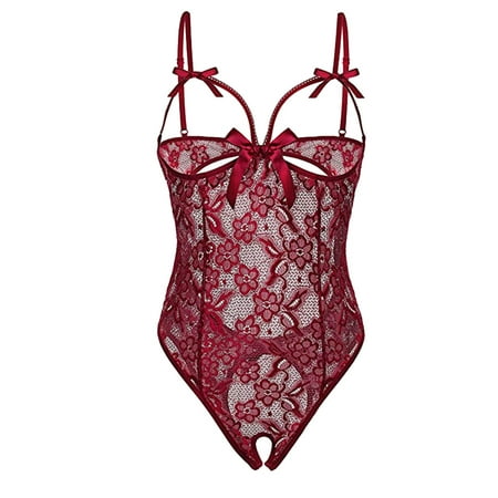 

Knosfe Sexy Lingerie for Plus Size Women Lace Bowknot Cut Out Babydoll Solid Spaghetti Strap Teddy Wine XL
