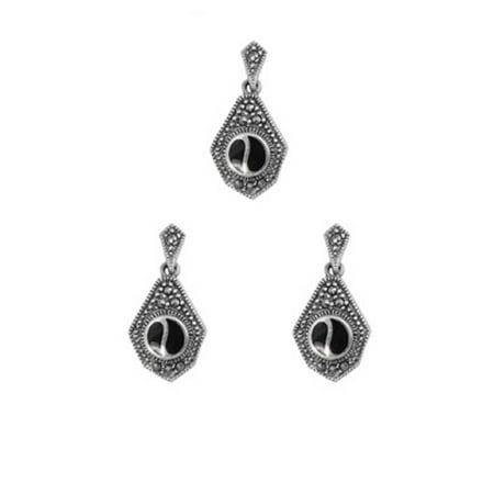 Yin Yang Simulated Onyx Matching Set Sterling Silver