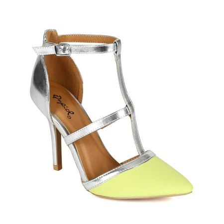Qupid CC51 Women Mix Media Pointy Toe Strappy Caged Stiletto Pump
