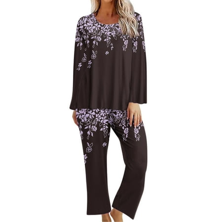 

Hfyihgf Womens Fall Pajamas Set Two-Piece Outfits Long Sleeve Crew Neck Tops with Capri Pants with Pockets Casual Sleepwear Pjs Loungewear Sets(Purple XXL)