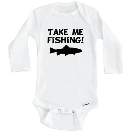 Take Me Fishing Funny One Piece Baby Bodysuit (Long Sleeve) 3-6 Months White