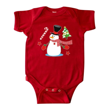 Inktastic Top Hat Snowman with Christmas Tree and Candy Cane Gift Baby Boy or Baby Girl Bodysuit