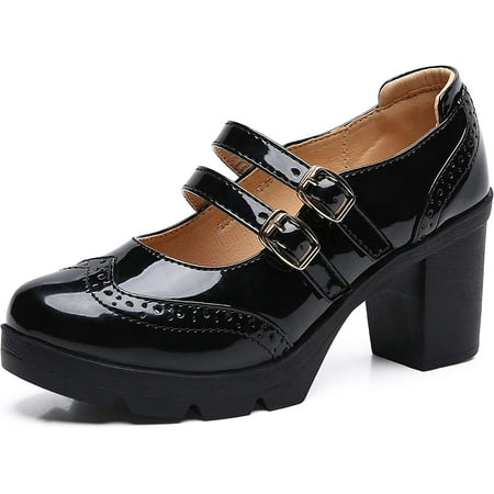 Women s Leather Classic Platform Mid Heel Mary Jane Square Toe Oxfords Dress Shoes