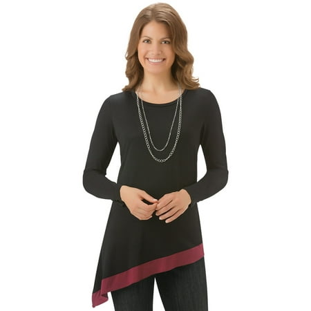 Women's Modern Color Block Top With Asymmetrical Hem and Long Sleeves, X-Large, Black/Burgundy - Made in the USA