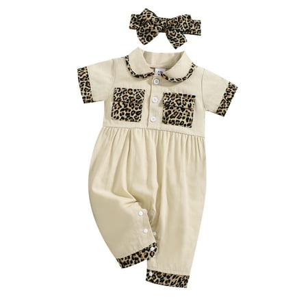 Amuver Newborn Baby Two Piece Set Patchwork Lapel Neck Short Sleeve Overall Romper Matching Leopard Print Headband
Amuver Newborn Baby Two Piece Set Patchwork Lapel Neck Short Sleeve Overall Romper Matching Leopard Print Headband