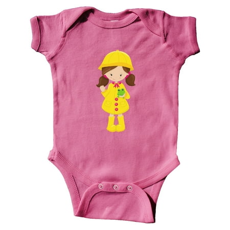 Inktastic Girl With Brown Hair Yellow Raincoat Frog Gift Baby Girl Bodysuit