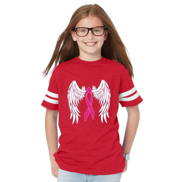 Pink Ribbon with Wings Breast Cancer Awareness Youth Unisex Football Fine Jersey Tee