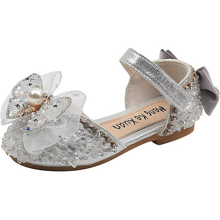 QWZNDZGR Baby Mary Jane Flats Princess Christening Baptism Sparkly Bow Diamonds Princess Dress Shoe Anti-Slip Loafers Moccasins