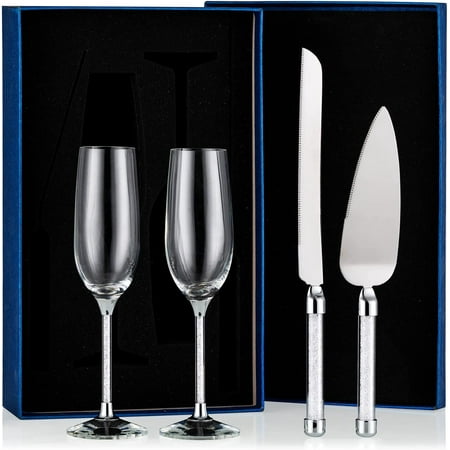 

LANGM Wedding Champagne Glasses and Cake Knife and Server Set Silver Deluxe Rhinestone Filled Toasting Flutes Set for Mr. and Mrs. for Engagement Bridal Shower Wedding Reception Annive