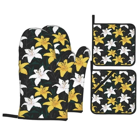 Oven Mitts and Pot Holders Sets 4 pcs - Yellow White Lilies Flowers Heat Resistant Silicone Oven Gloves with Non-Slip Silicone Surface and hot pads for kitchen Baking Cooking BBQ
Oven Mitts and Pot Holders Sets 4 pcs - Yellow White Lilies Flowers Heat Resistant Silicone Oven Gloves with Non-Slip Silicone Surface and hot pads for kitchen Baking Cooking BBQ
