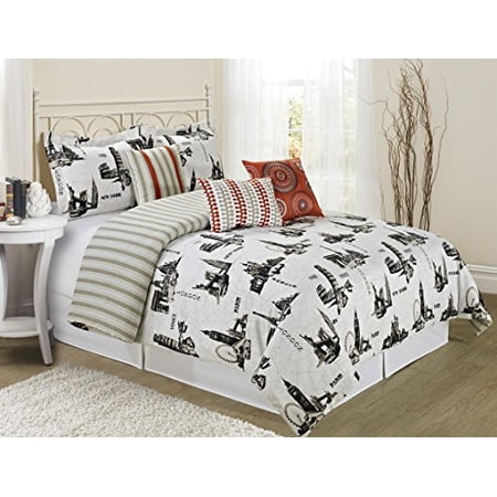 7 Piece CITYTIME Print Clearance bedding Comforter Set Fade Resistant, Wrinkle Free, No Ironing Necessary, Super Soft, All Size Queen King CalKing Size (Cal.King, White/Black)