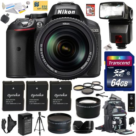 Nikon D5300 24.2 MP CMOS Digital SLR Camera with 18-140mm f\/3.5-5.6G ED VR AF-S DX NIKKOR Zoom Lens (Black) (13303) with 64GB SD Memory Card, Bower Flash, Tripod, Backpack, (3) Extra Battery and More Nikon D5300 24.2 MP CMOS Digital SLR Camera with 18-140mm f\/3.5-5.6G ED VR AF-S DX NIKKOR Zoom Lens (Black) (13303) with 64GB SD Memory Card, Bower Flash, Tripod, Backpack, (3) Extra Battery and More