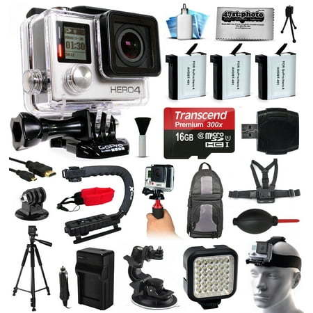 GoPro HERO4 Hero 4 Black Edition 4K Action Camera Camcorder with 16GB MicroSD, 3x Battery, Charger, Backpack, Chest Harness, Action Hand Handle, Tripod, Car Mount, LED Light, Head Strap CHDHX-401