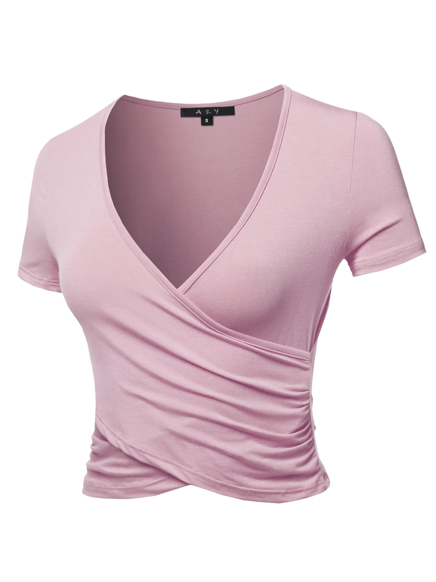A Y A Y Women S Deep V Neck Short Sleeve Unique Slim Fit Cross Wrap Shirt Crop Tops Dusty Pink