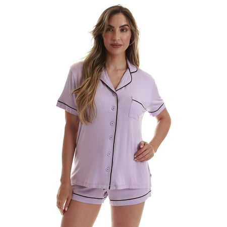 #FollowMe Button Down Pajama Pant Set with Notch Collar (Lilac 2X)