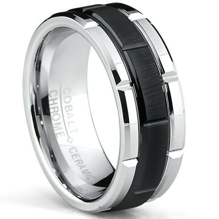 Ceramic and Cobalt Combo Wedding Band Engagement Ring, Brushed Center, Comfort Fit 8MM