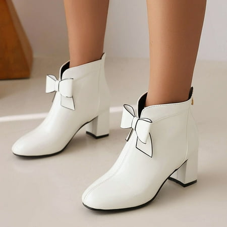 

Ankle Boots Fashion Women s Shoes British Style Leather Bowknot Thick Heel Medium Heel Solid Back Zipper Short Boots