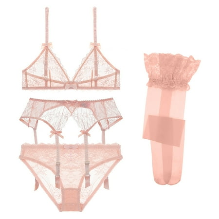 Sexy Wireless Unlined Bra and Panty and Garter Belt and Stockings 4 Pieces