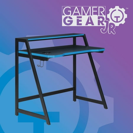 Gamer Gear Jr. Gaming Desk with Riser Shelf and LED Lighting, Teens and Kids, Black and Blue