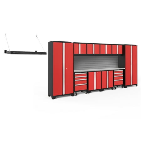 NewAge Products Bold Series Red 13 Piece Cabinet Set Heavy Duty 24-Gauge Steel Garage Storage System Slatwall / Wall Mounted Shelf Included