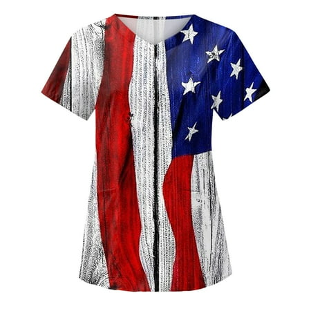 4th Of July American Flag Tops Scrubs For Women Tops Stretchy Summer Printed Care V Neck Shirts With Pocket Nurse Uniforms Women