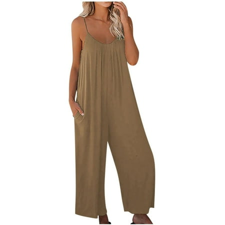 Charella Women Summer Sling Solid Wide Leg Dress Trousers Plus Size Casual Jumpsuit with Pocket Khaki M