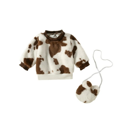 

TheFound Toddler Baby Girl Fuzzy Sweater Long Sleeve Cow Print Faux Pullover Tops with Bag Fall Winter Clothes