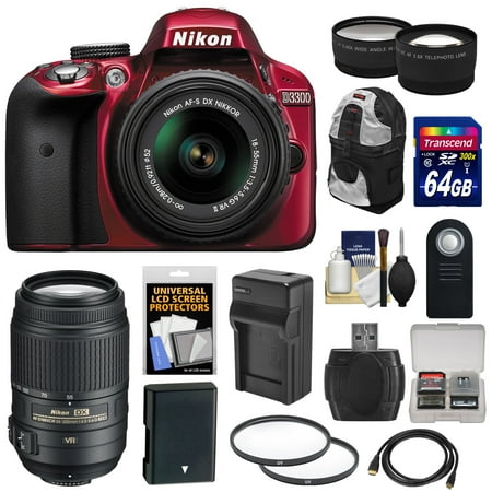 Nikon D3300 Digital SLR Camera & 18-55mm G VR DX II AF-S Zoom Lens (Red) with 55-300mm VR Lens + 64GB Card + Backpack + Battery & Charger + Tele\/Wide Lens Kit